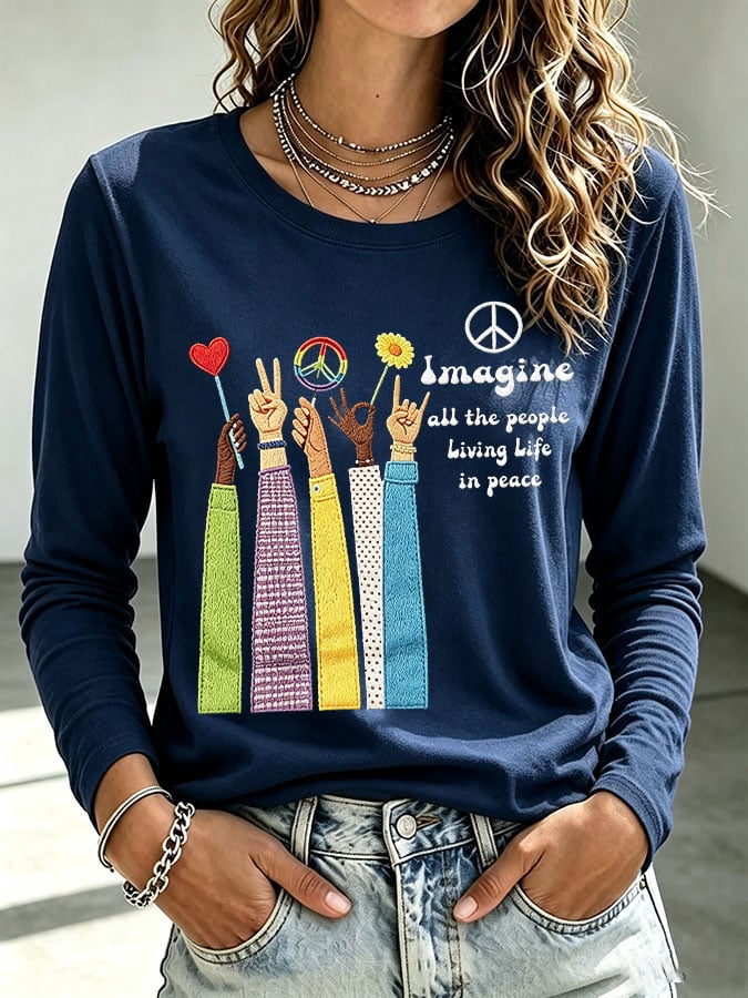 Women's Casual Imagine all the people Living Life in peace Printed Long-Sleeve T-Shirt