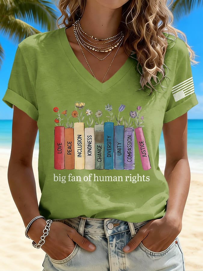 V-Neck Retro Big Fan Of Human Rights Print T-shirt