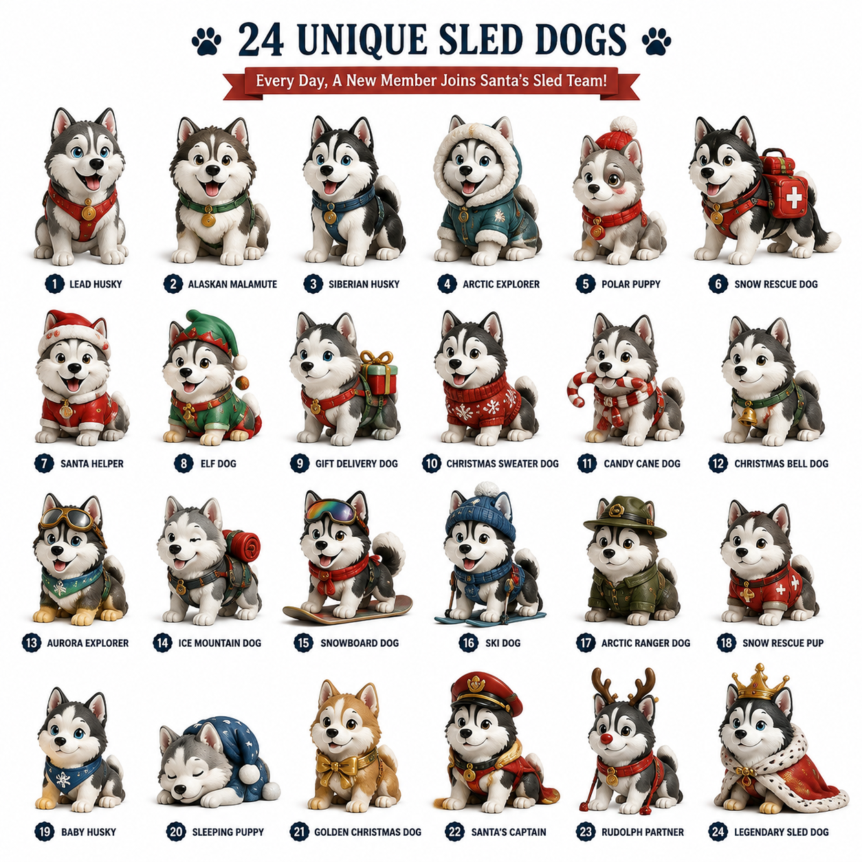 🎄🐕Christmas Gift For Kids – 24 Days Sled Dog Surprise Calendar With Cute Arctic Puppy Collection