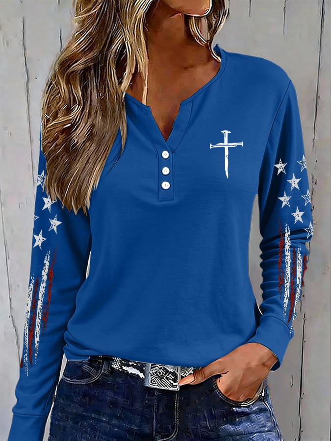 Women's casual retro flag-print button-up sweatshirt