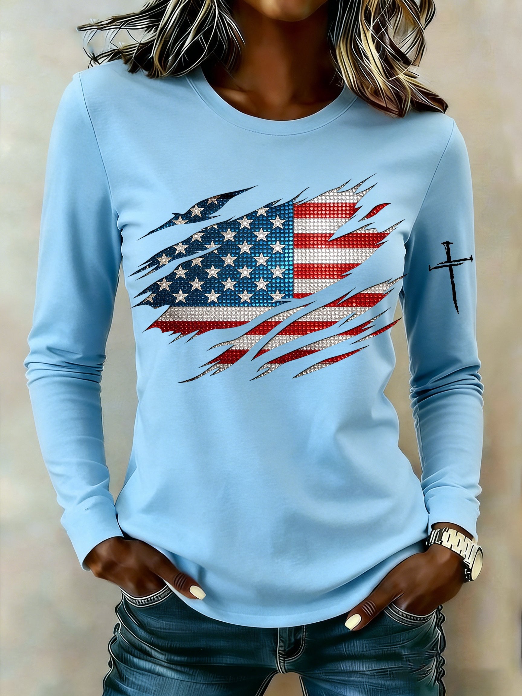 Women's casual American patriotic long-sleeved T-shirt
