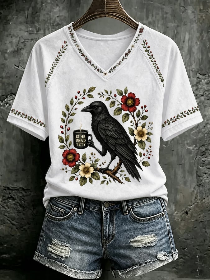 V Neck Retro Is He Dead Yet Print T-Shirt