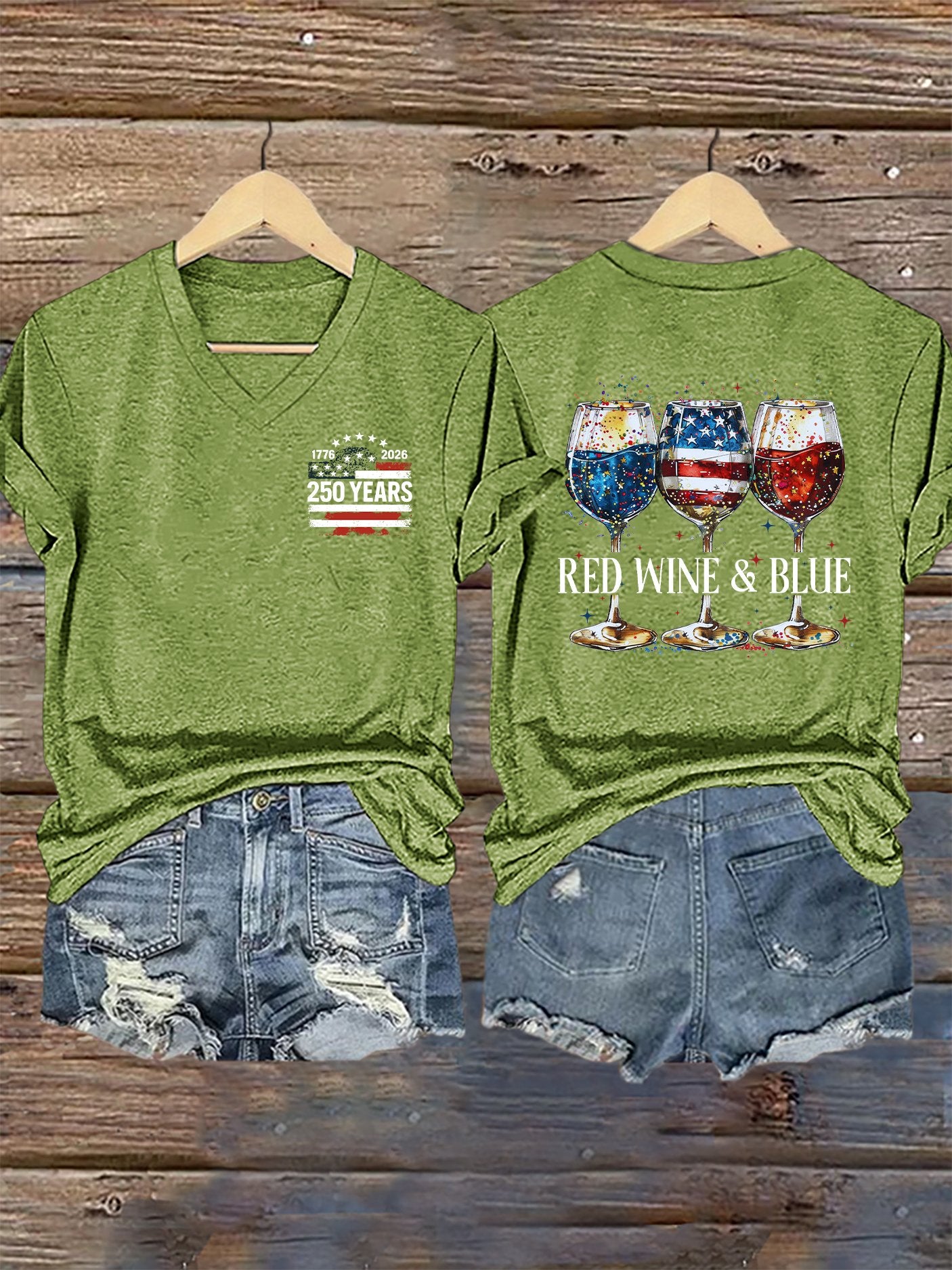V-Neck Retro 1776–2026 250 Year Red Wine & Blue Print T-Shirt