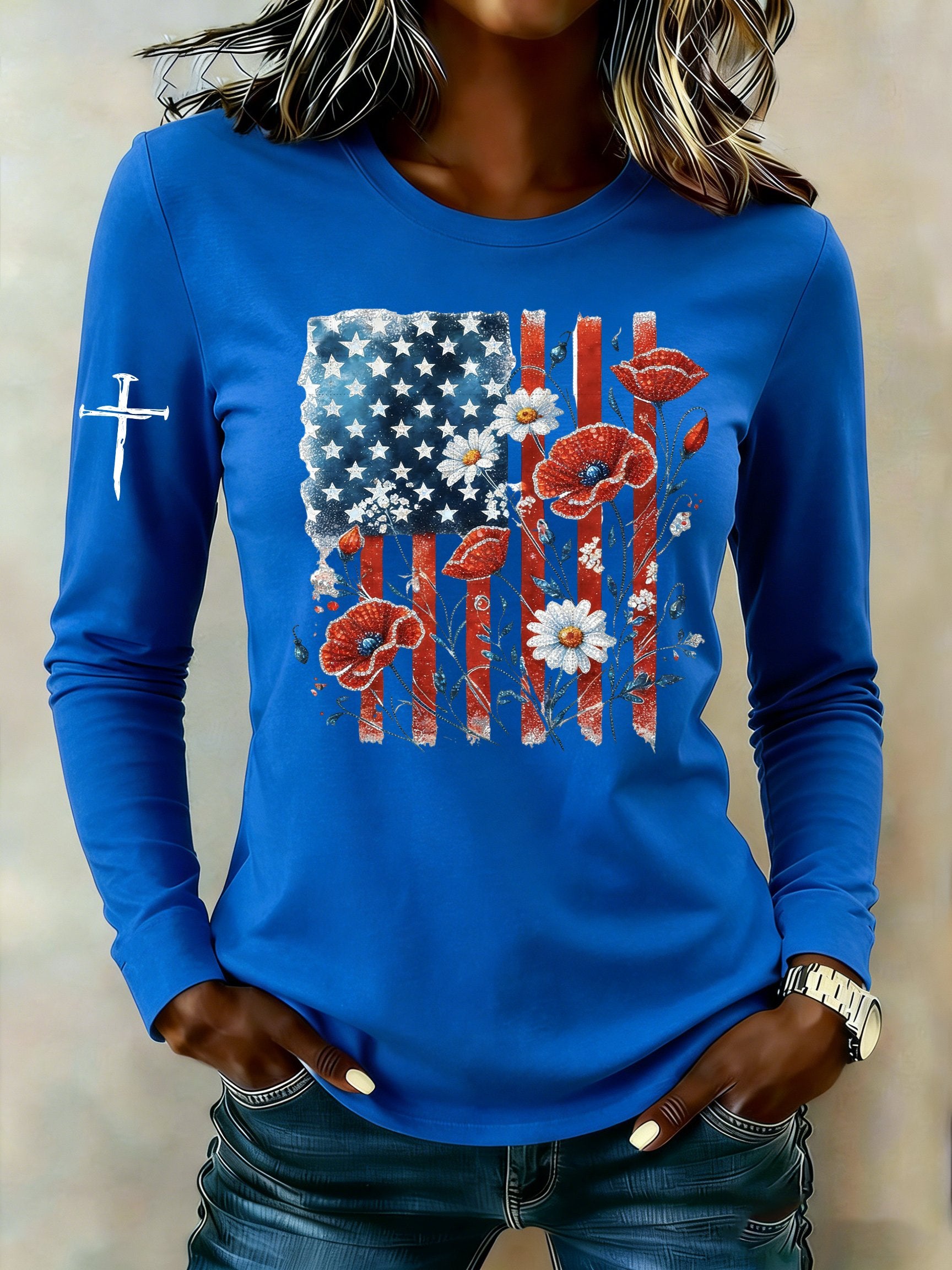 Women's casual American patriotic long-sleeved T-shirt
