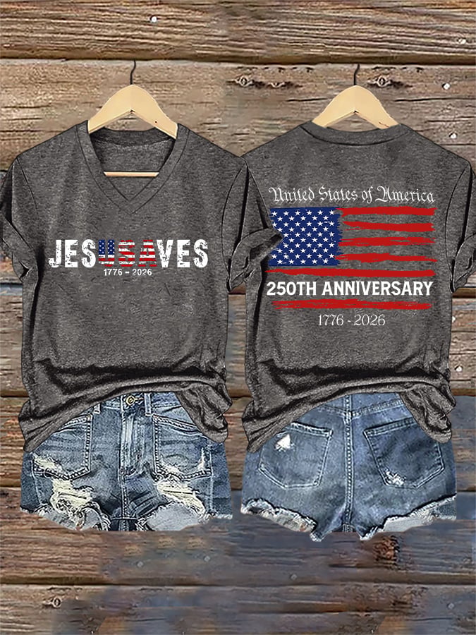 V-Neck Retro Jesus Saves America 250th Anniversary 1776-2026 Print T-Shirt