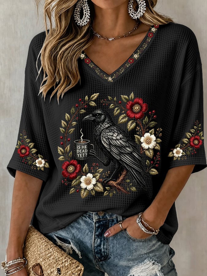 V-Neck Retro Is He Dead Yet Print T-Shirt