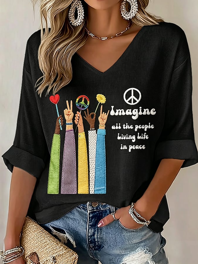 Women's Imagine all the people Living Life in peace Print T-Shirt