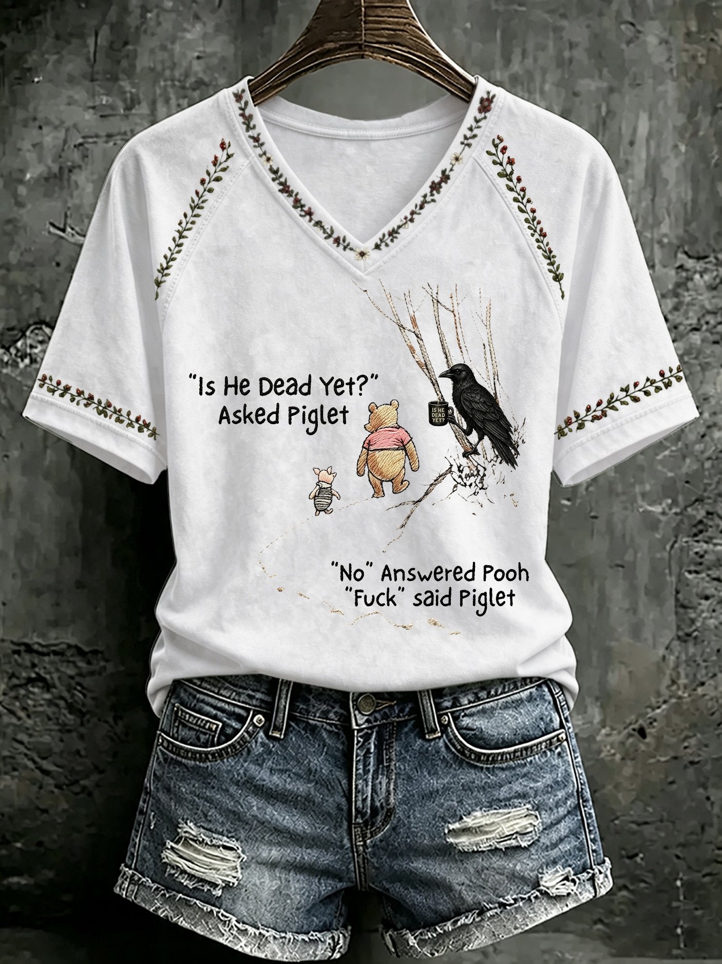 V Neck Retro Is He Dead Yet Print T-Shirt