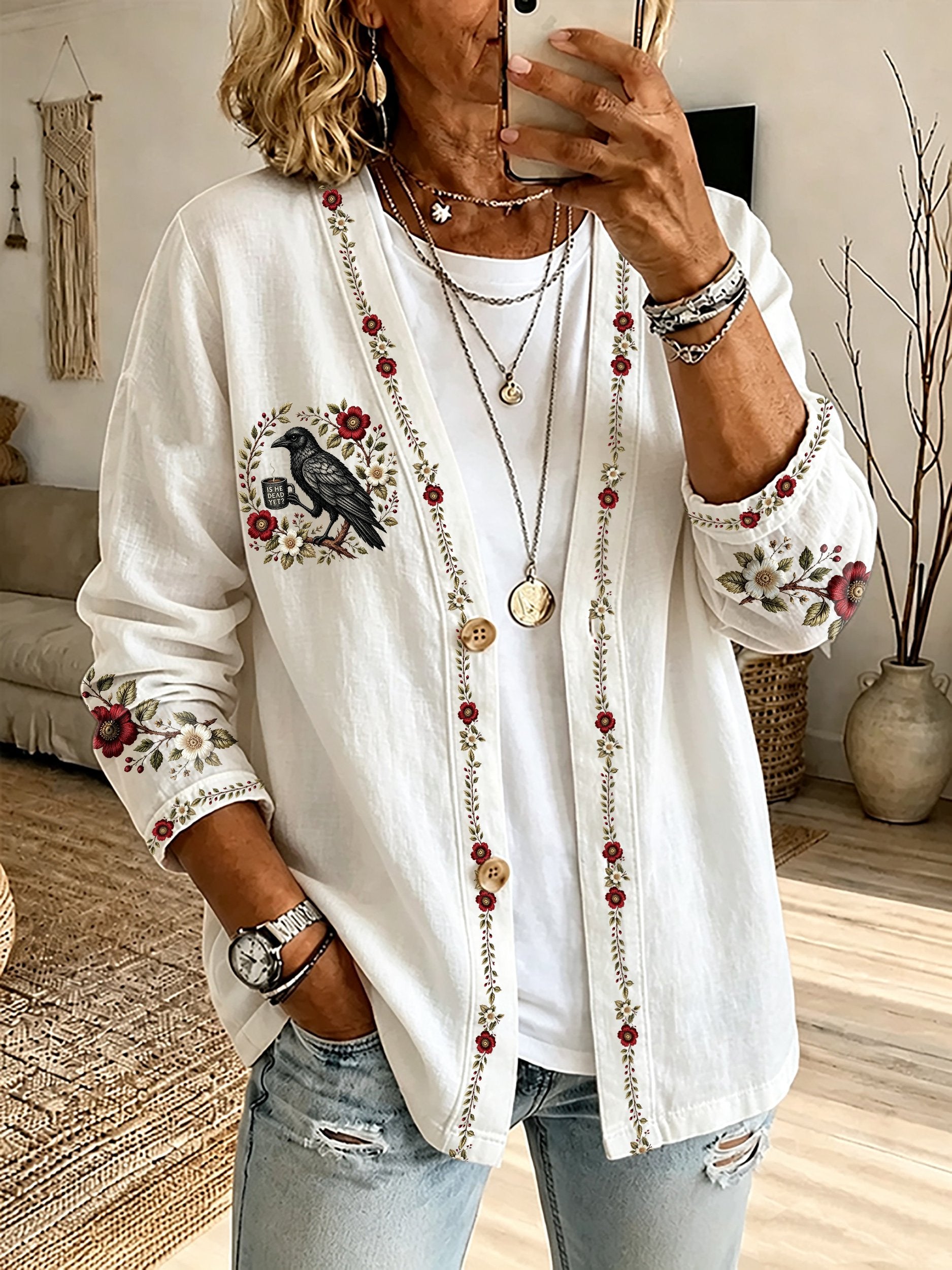 Vintage Gothic Crow Is He Dead Yet Print Cardigan