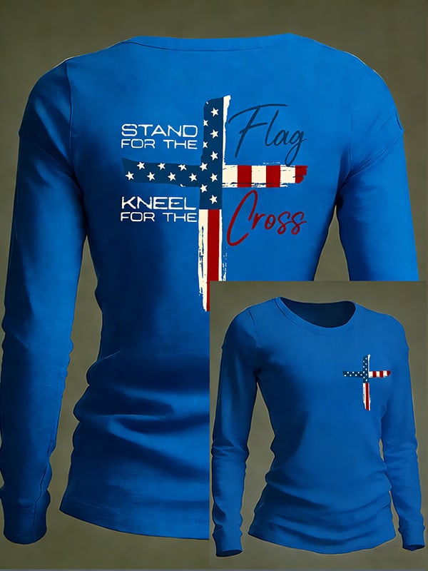 Women's Vintage Stand For The Flag Kneel For The Cross Print Long-Sleeved T-Shirt