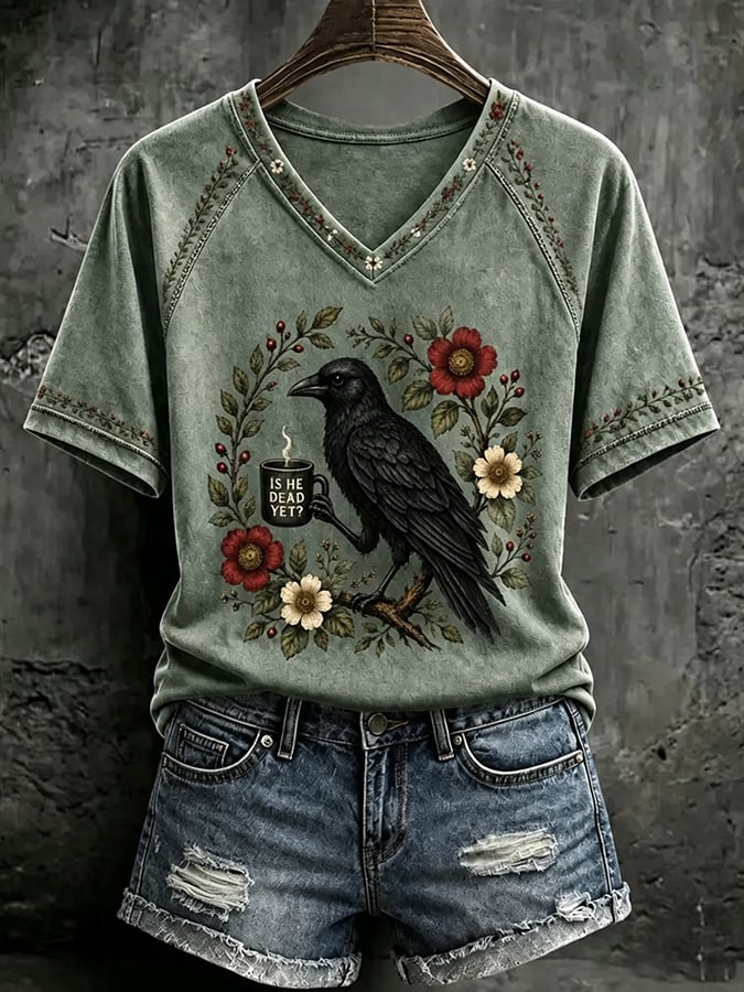 V Neck Retro Is He Dead Yet Print T-Shirt