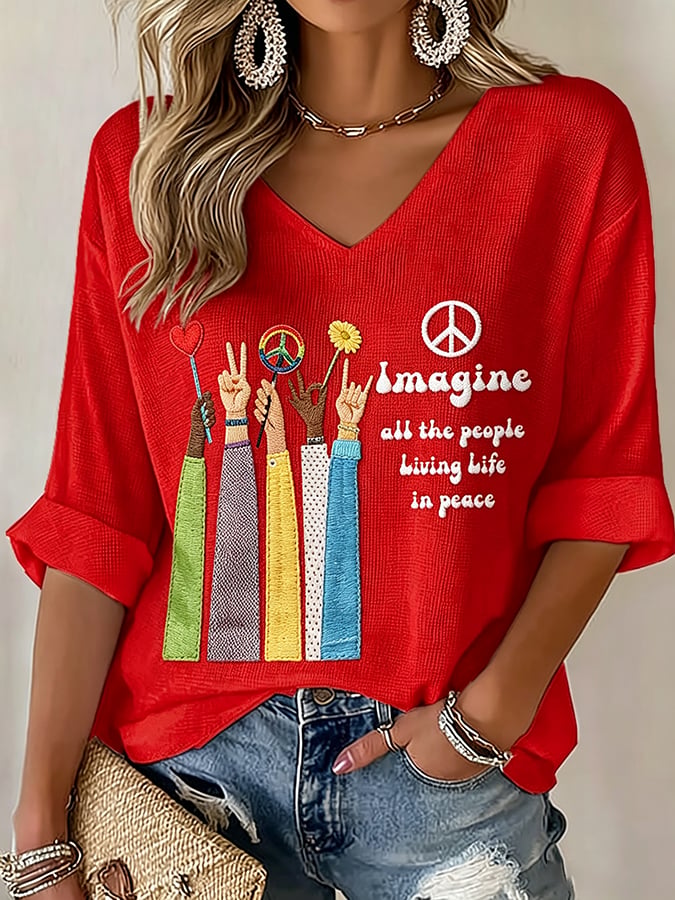 Women's Imagine all the people Living Life in peace Print T-Shirt