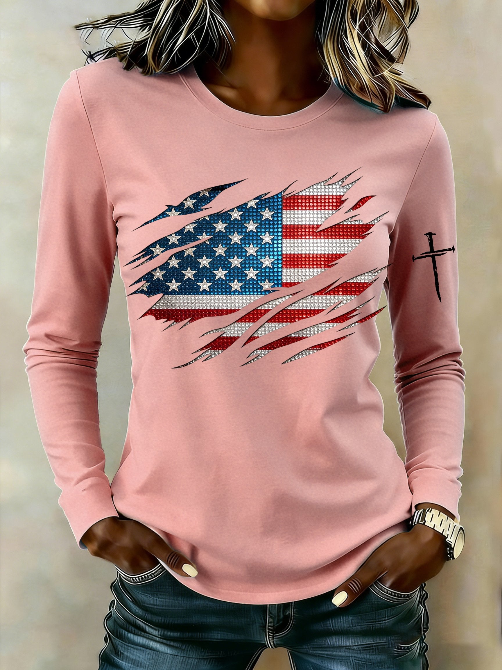 Women's casual American patriotic long-sleeved T-shirt