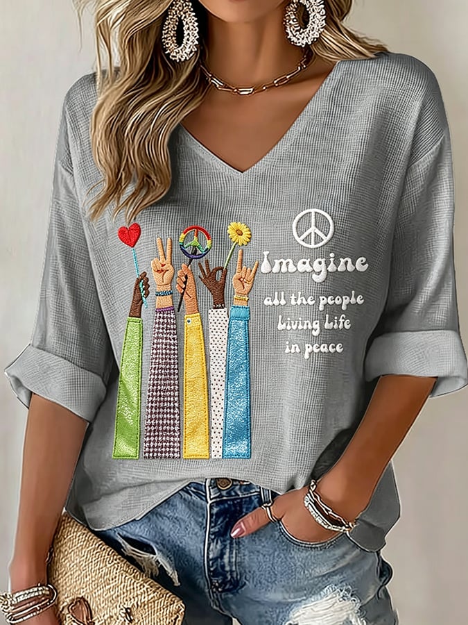 Women's Imagine all the people Living Life in peace Print T-Shirt