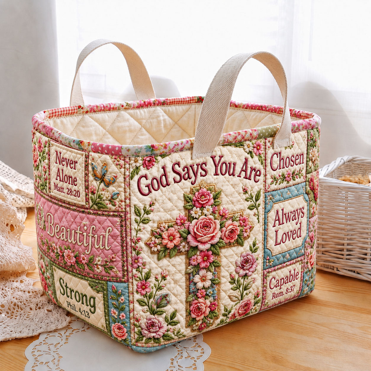God Says You Are Floral Cross Quilted Storage Basket GFTOHNL2025