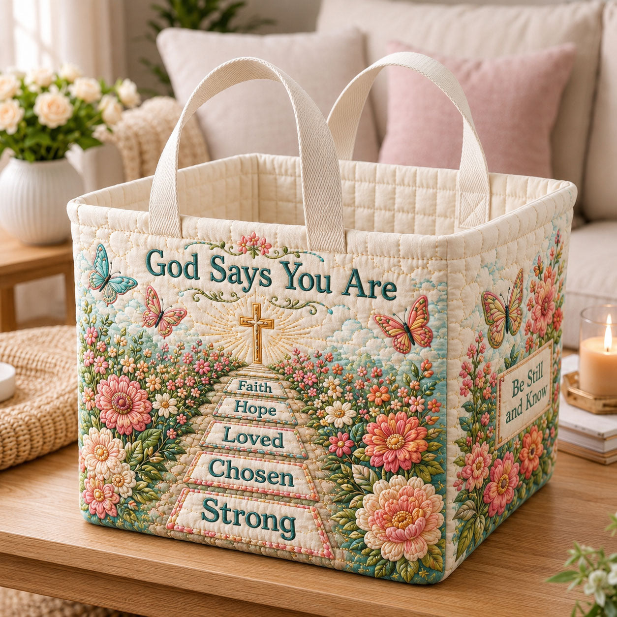 Faith Hope Loved Garden Path Quilted Storage Basket GFTOHNL2030
