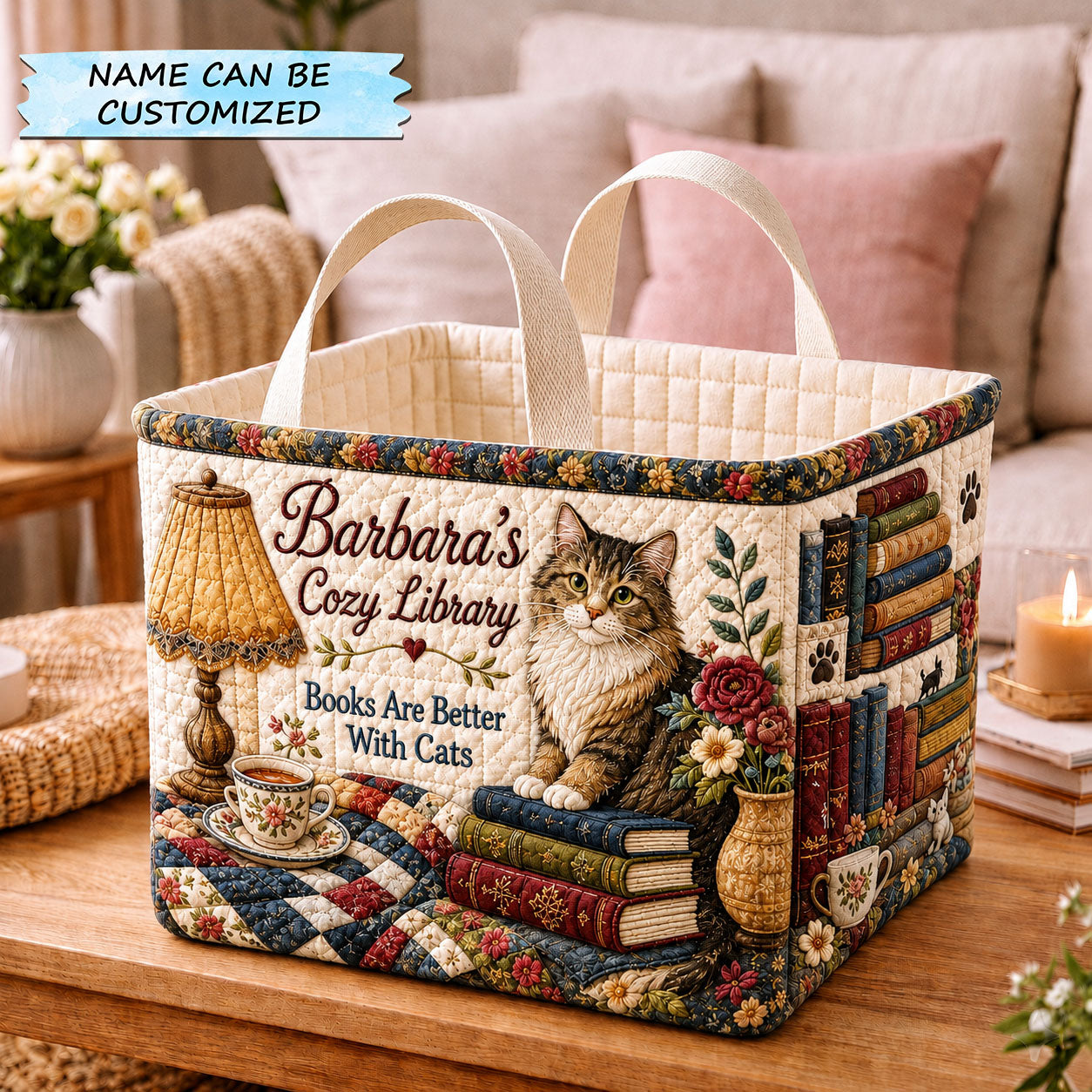 Cozy Library With Cats Quilted Storage Basket QTCUZ GFTOHNL2182