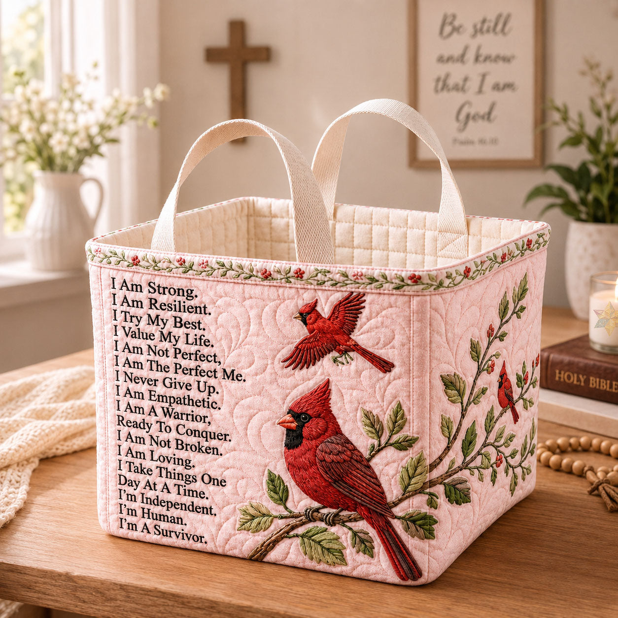 God Hears Your Prayers Cardinal Healing Faith Quilted Storage Basket GFTOHNL2537