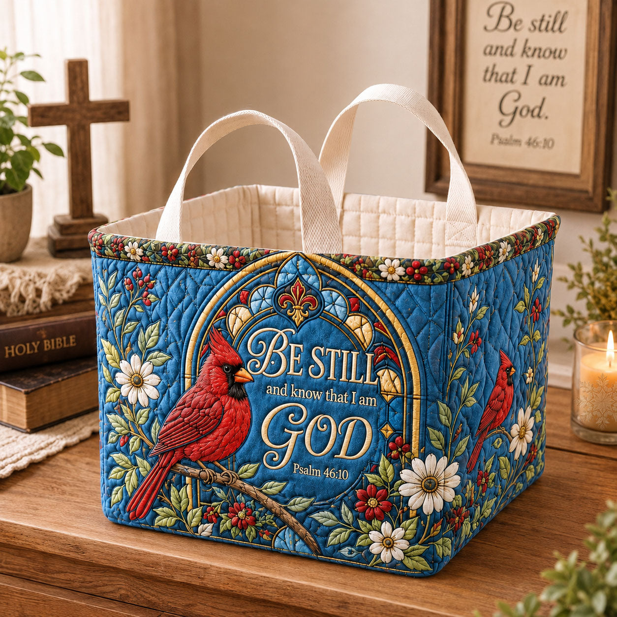 Be Still And Know God Cardinal Quilted Storage Basket GFTOHNL2629