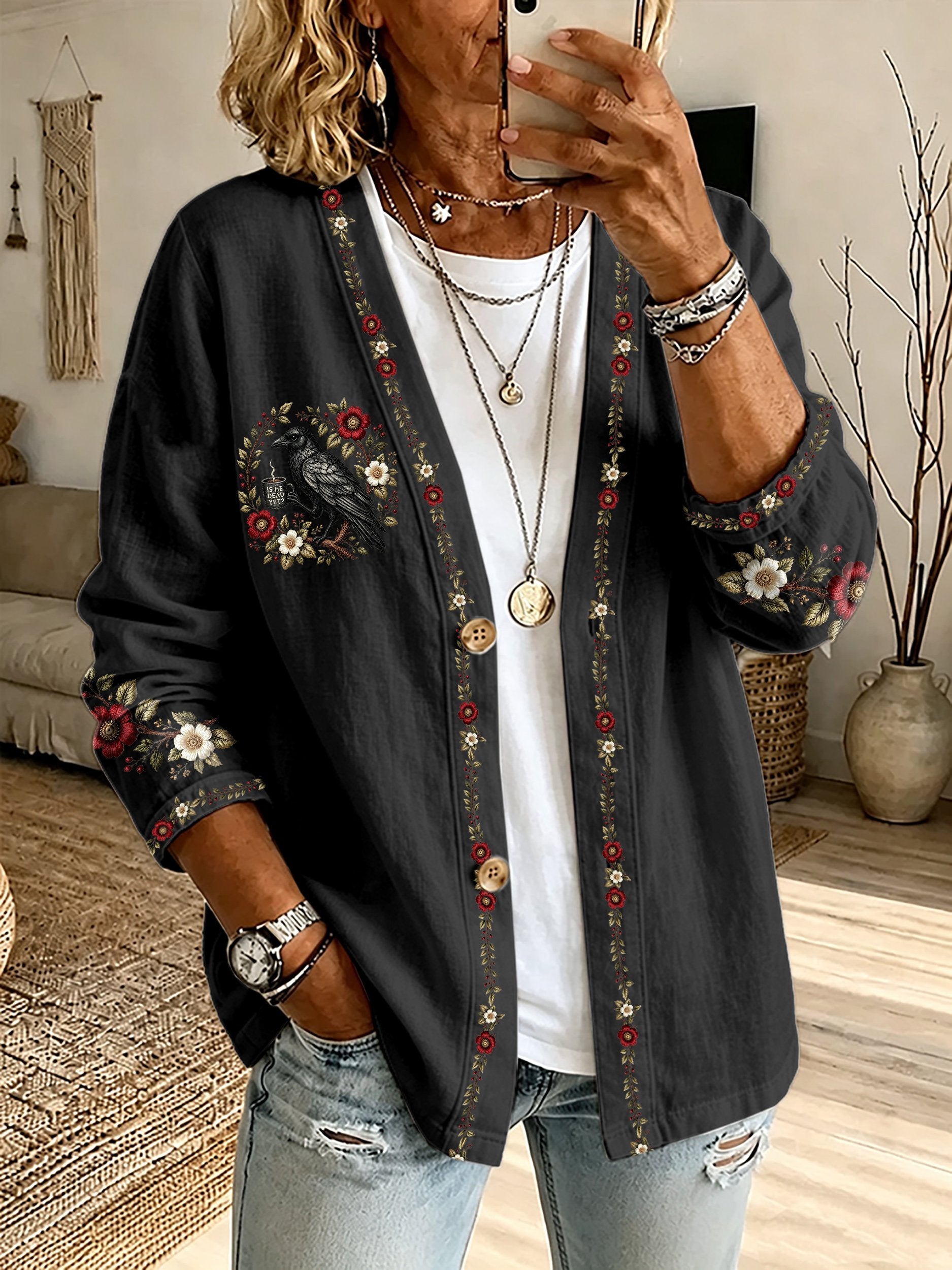 Vintage Gothic Crow Is He Dead Yet Print Cardigan