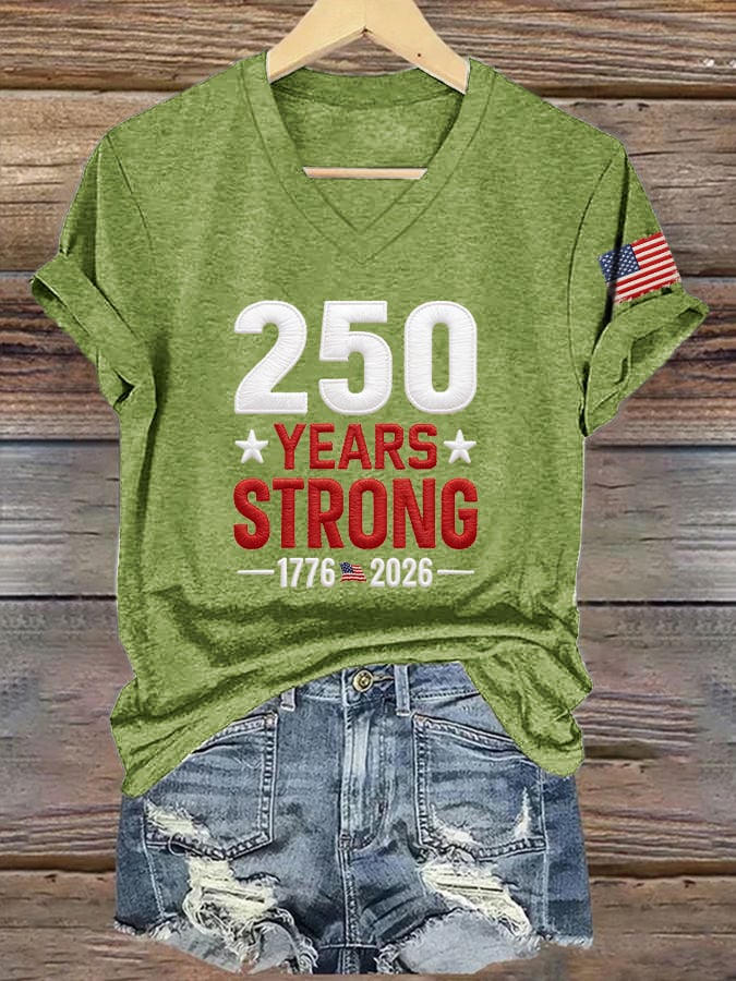 V-Neck Retro 250 Years Strong Print T-Shirt