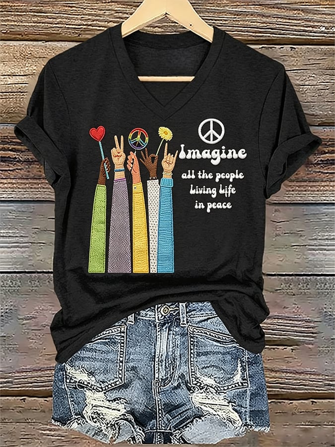 Women's Imagine all the people Living Life in peace Print T-Shirt