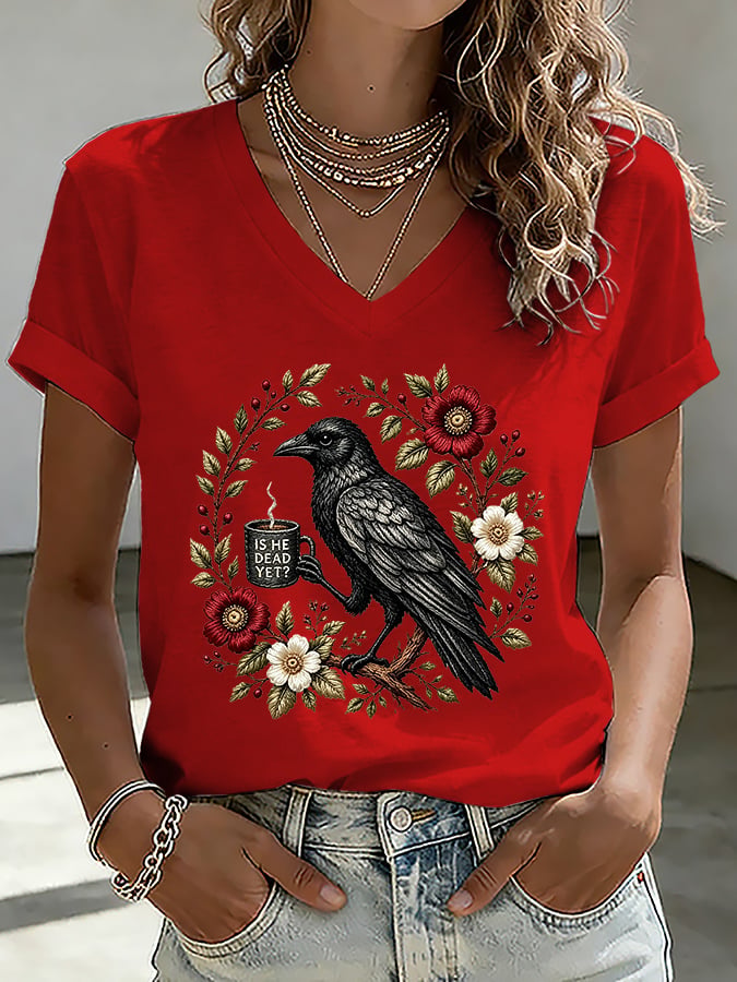 V-Neck Retro Is He Dead Yet Print T-Shirt