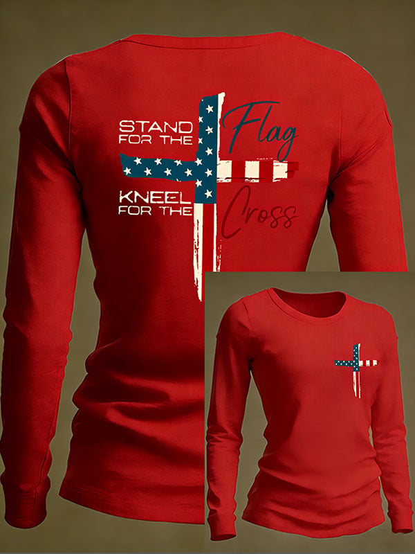 Women's Vintage Stand For The Flag Kneel For The Cross Print Long-Sleeved T-Shirt