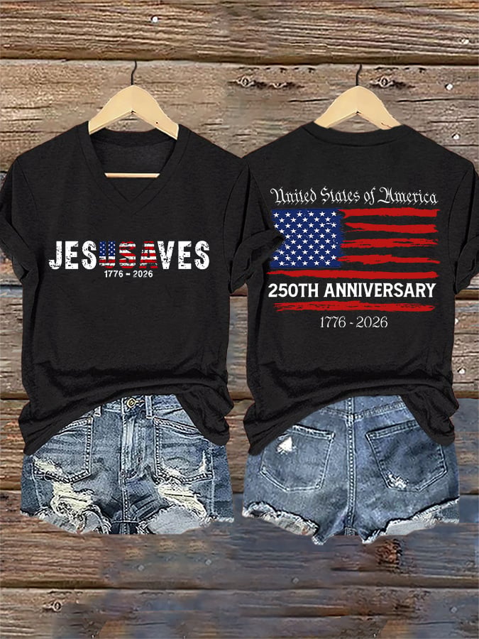 V-Neck Retro Jesus Saves America 250th Anniversary 1776-2026 Print T-Shirt