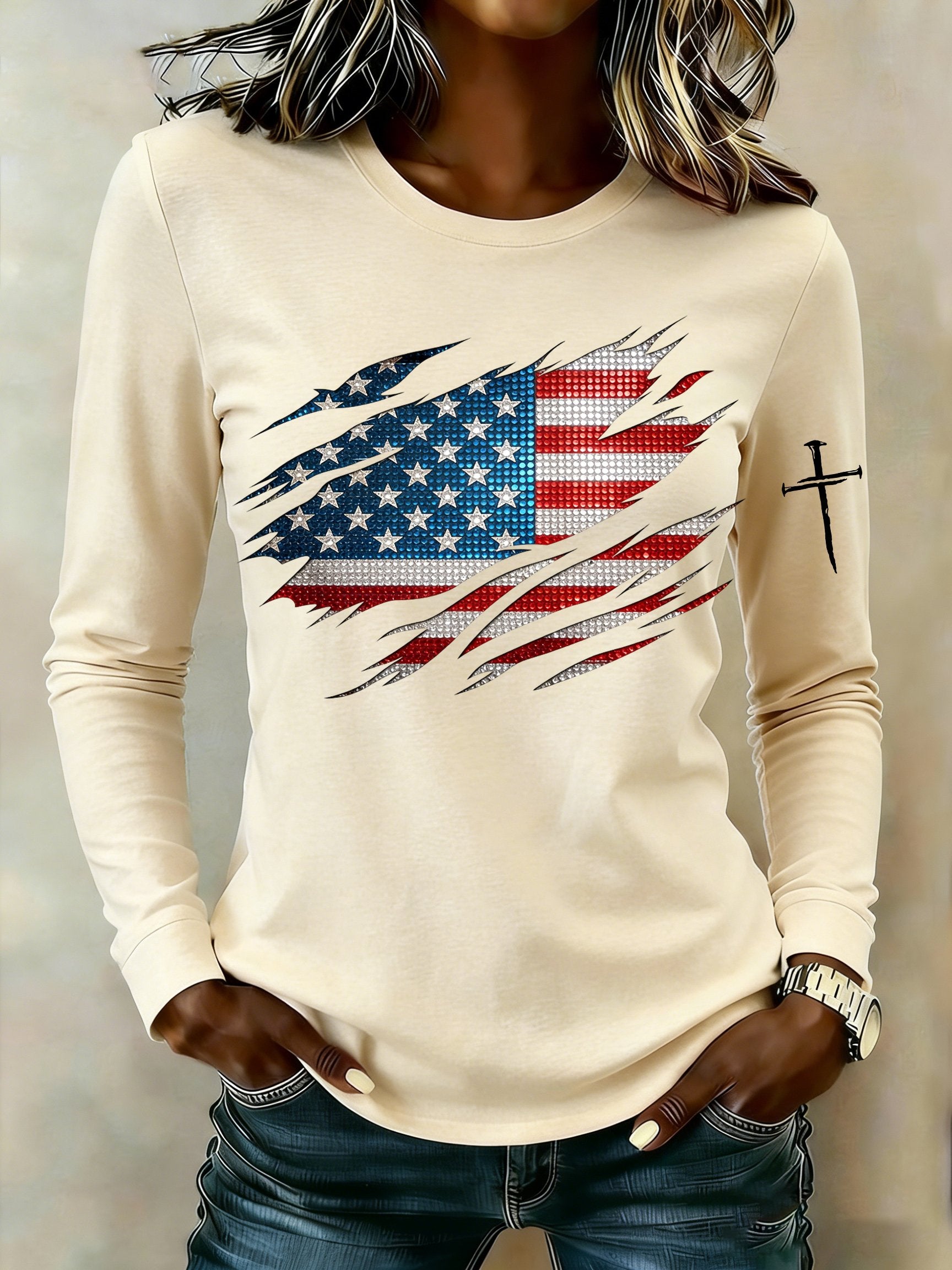 Women's casual American patriotic long-sleeved T-shirt