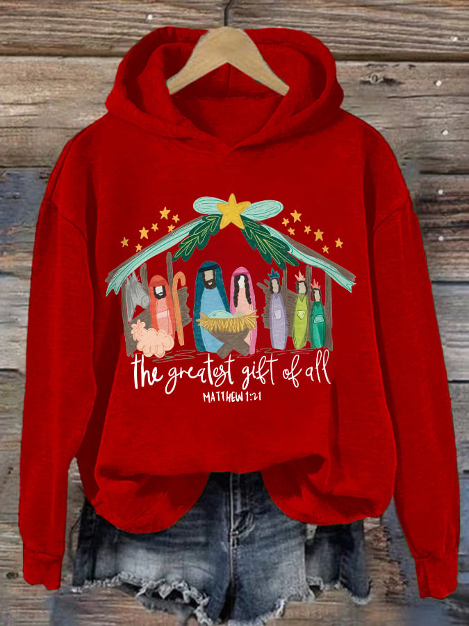Retro Christmas The Greatest Gift Of All Matthew 1:21 Print Hoodie