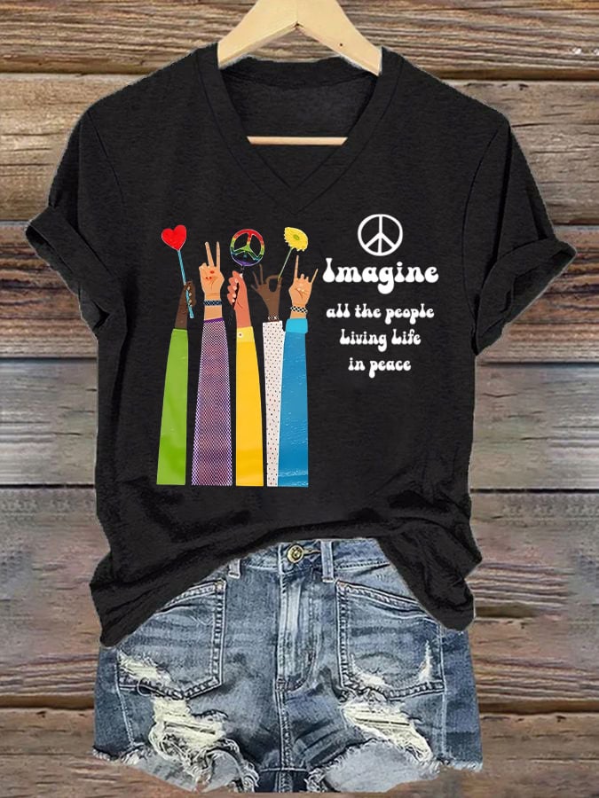 Women's Imagine add the peopic Living Life In peace Print T-Shirt
