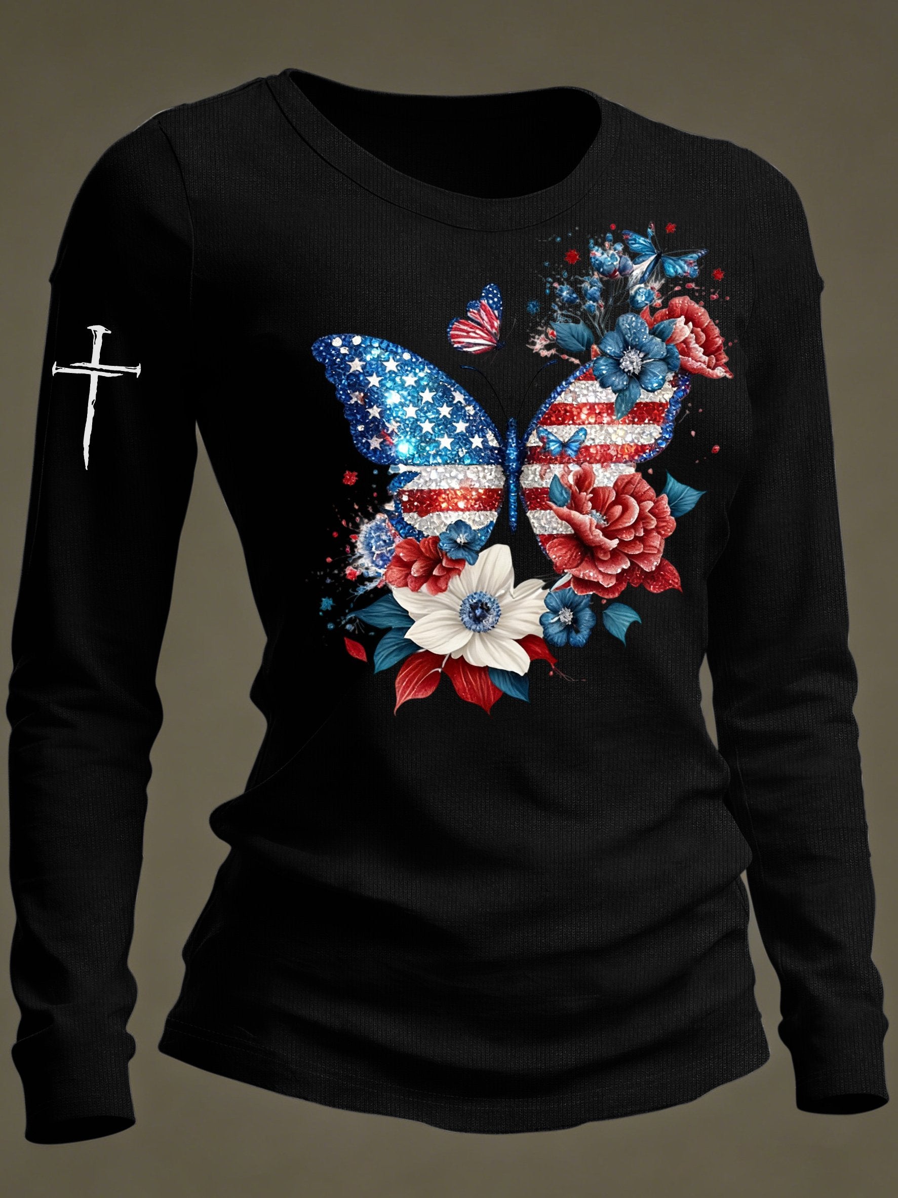Women's casual American patriotic butterfly and floral long-sleeved T-shirt