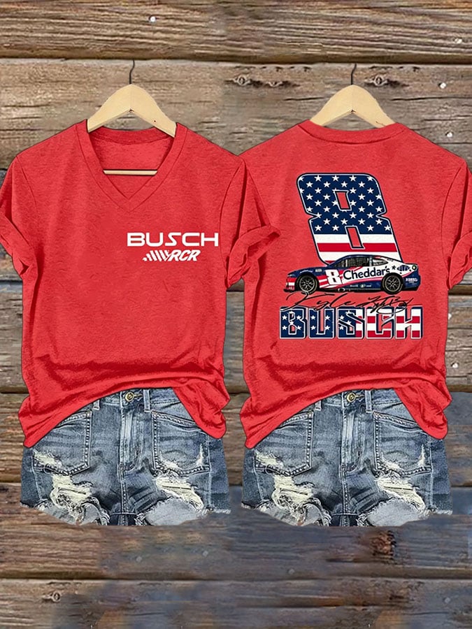 Women's V-Neck T-Shirt with Legendary Racer Commemorative Print