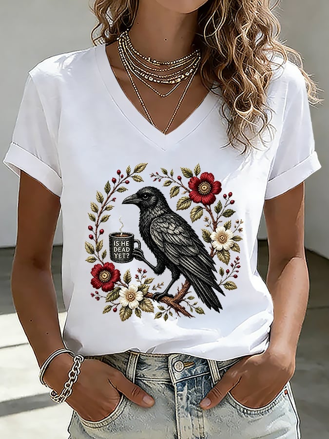 V-Neck Retro Is He Dead Yet Print T-Shirt