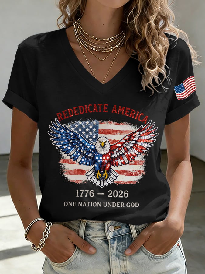 V-Neck Retro Rededicate 250 One Nation Under God Print T-shirt