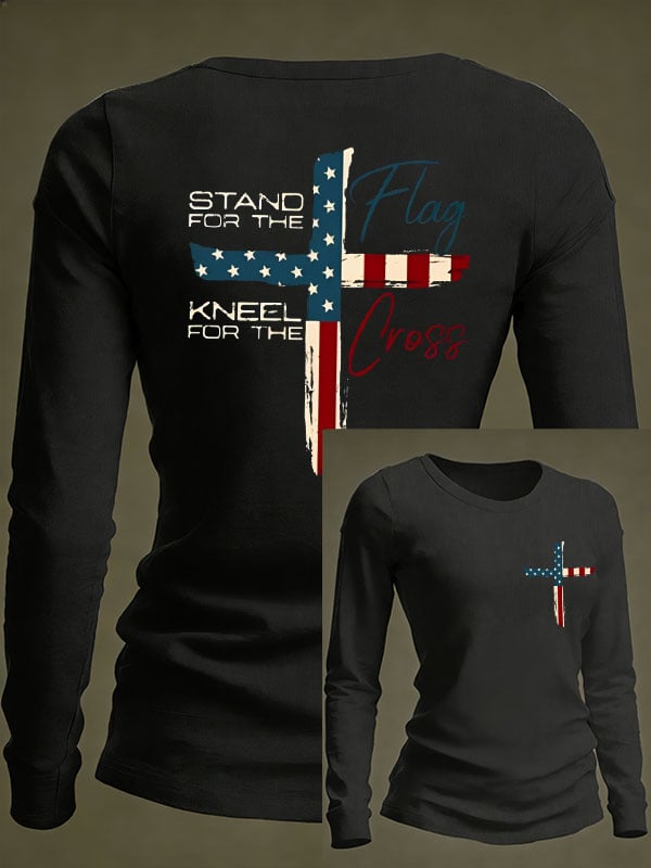 Women's Vintage Stand For The Flag Kneel For The Cross Print Long-Sleeved T-Shirt