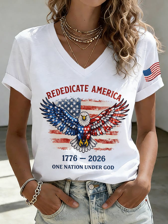 V-Neck Retro Rededicate 250 One Nation Under God Print T-shirt