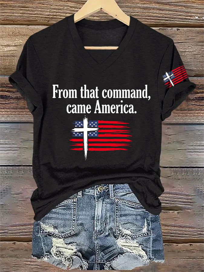 V-Neck Retro Rededicate 250 One Nation Under God From That Command, Came America Print T-shirt