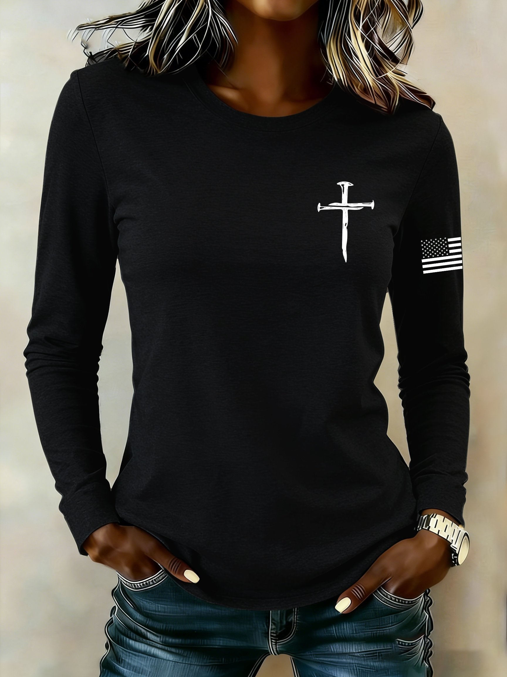 Women's casual patriotic flag long-sleeved T-shirt