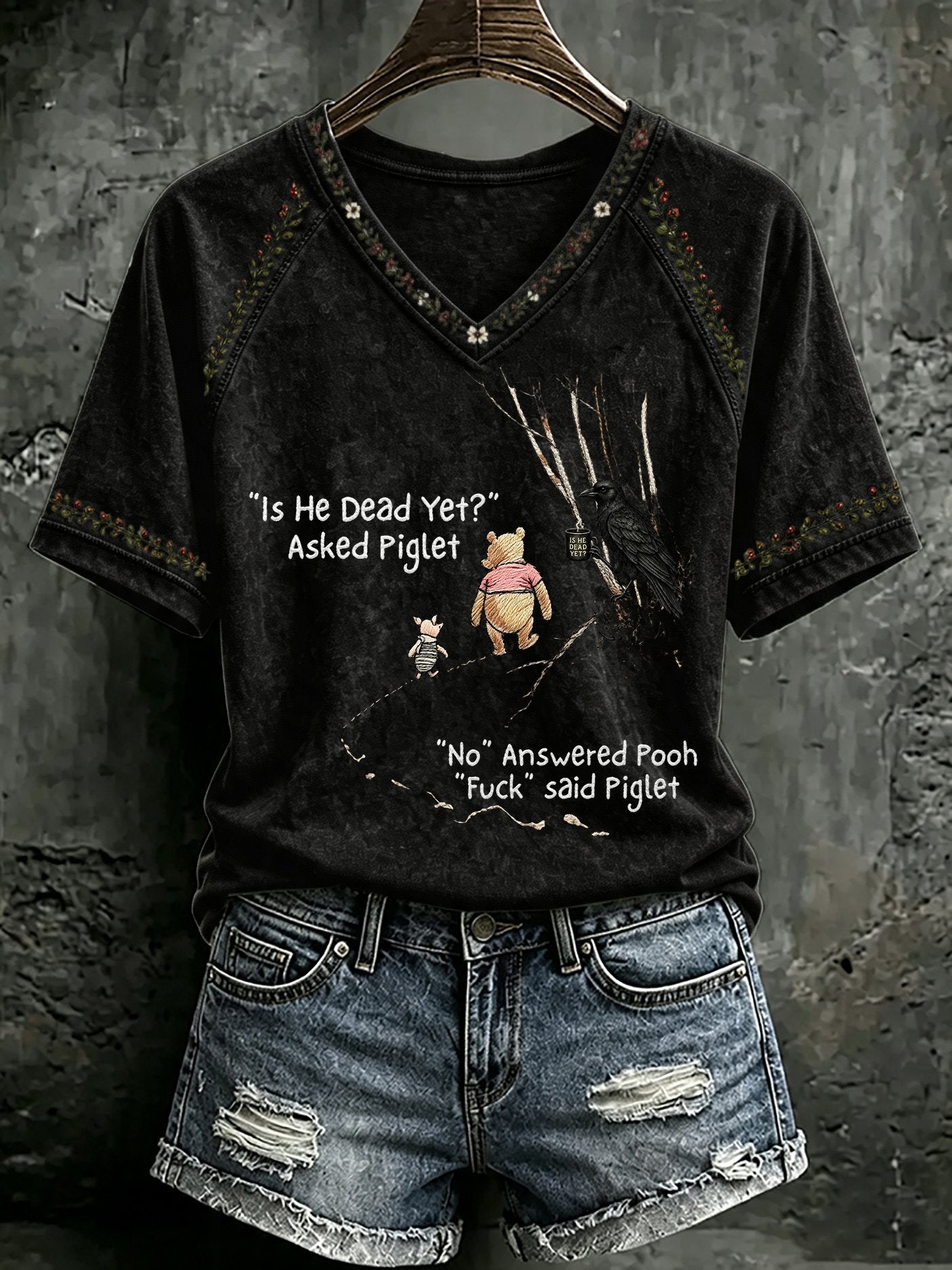 V Neck Retro Is He Dead Yet Print T-Shirt