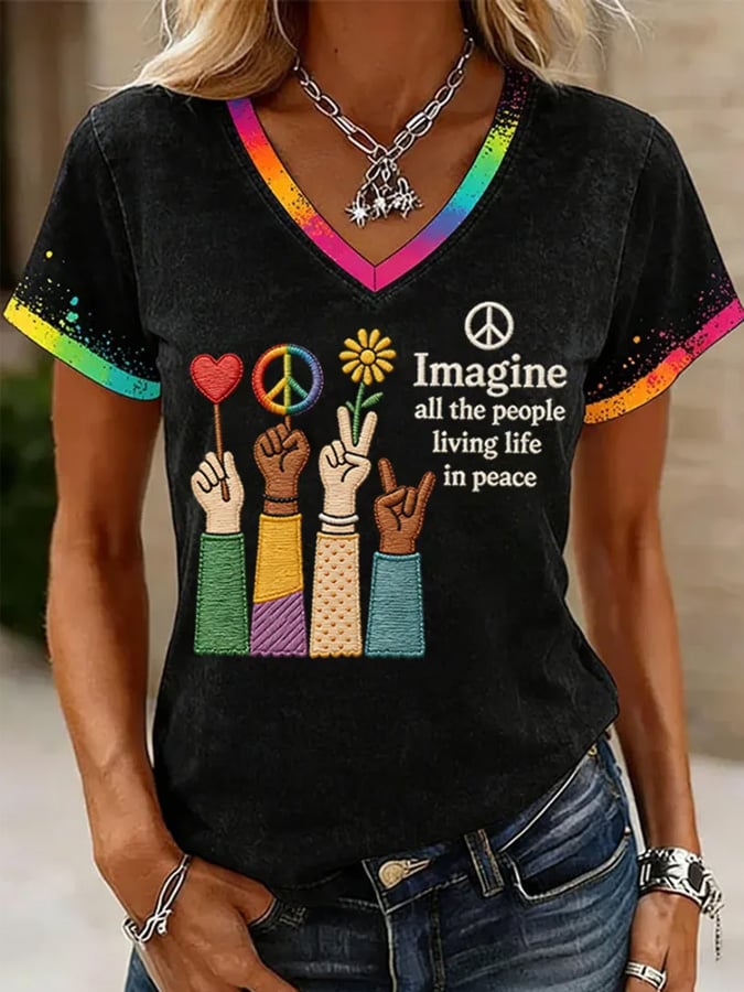 Women's Imagine All The People Living Life In Peace Printed T-Shirt