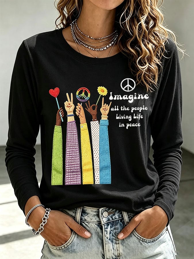 Women's Casual Imagine all the people Living Life in peace Printed Long-Sleeve T-Shirt