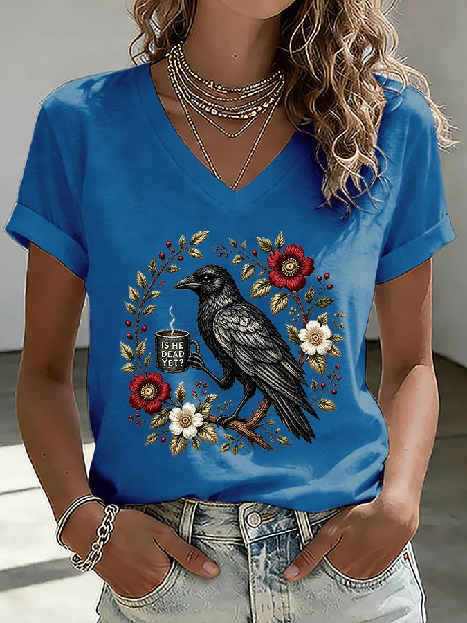 V-Neck Retro Is He Dead Yet Print T-Shirt