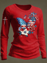Women's casual American patriotic butterfly and floral long-sleeved T-shirt