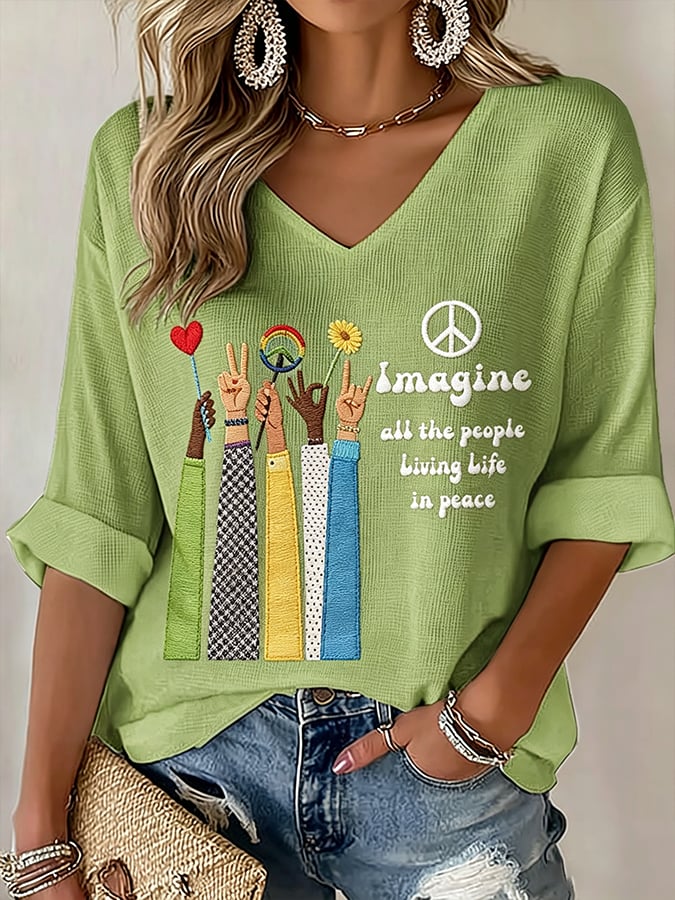 Women's Imagine all the people Living Life in peace Print T-Shirt