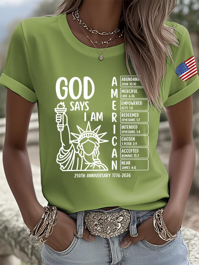 Retro God Says I Am American 250th Anniversary Print T-Shirt