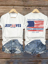 V-Neck Retro Jesus Saves America 250th Anniversary 1776-2026 Print T-Shirt