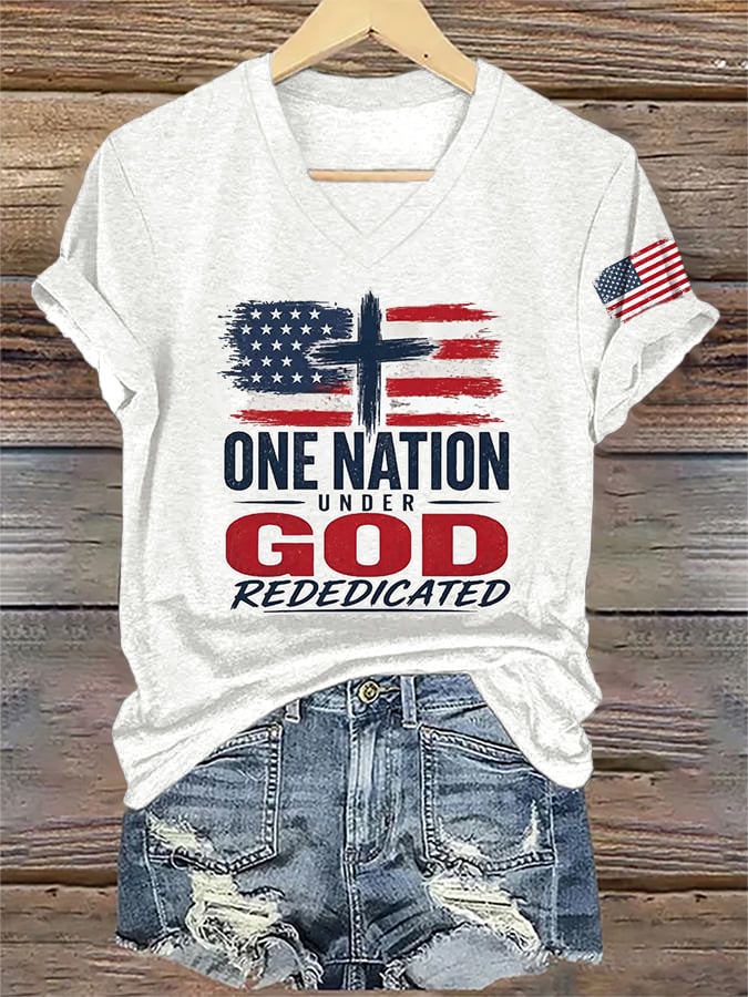 V-Neck Retro Rededicate 250 One Nation Under God Print T-shirt