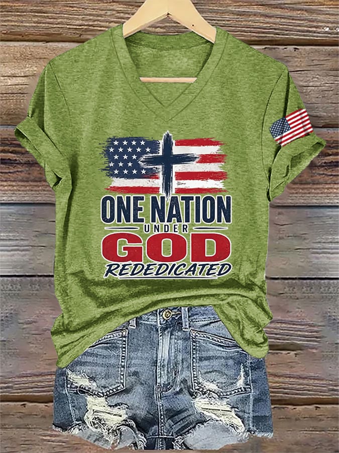V-Neck Retro Rededicate 250 One Nation Under God Print T-shirt